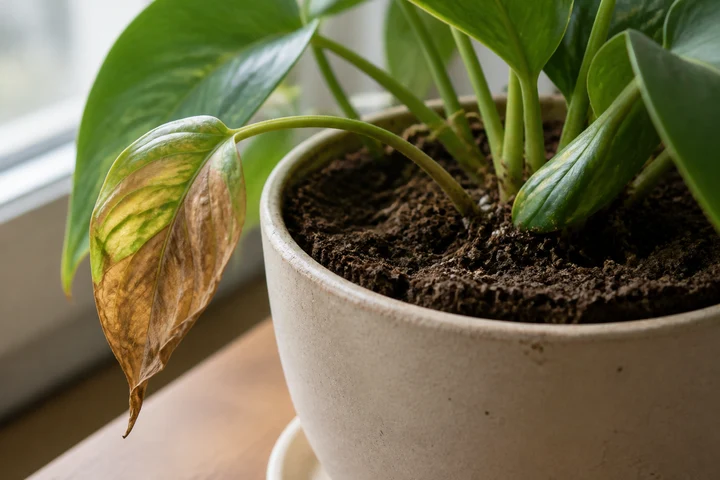 Dry potting mix around a houseplant with a crisp leaf edge
