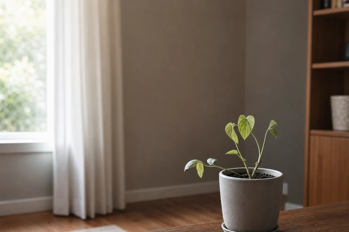Small indoor plant growing in a dim room away from a window