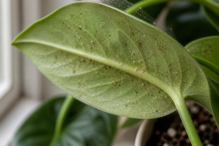 Close view of fine pest stippling on the underside of a green leaf