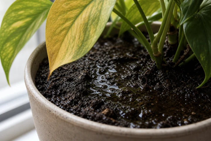 Dark, moisture-heavy potting mix around a yellowing indoor plant