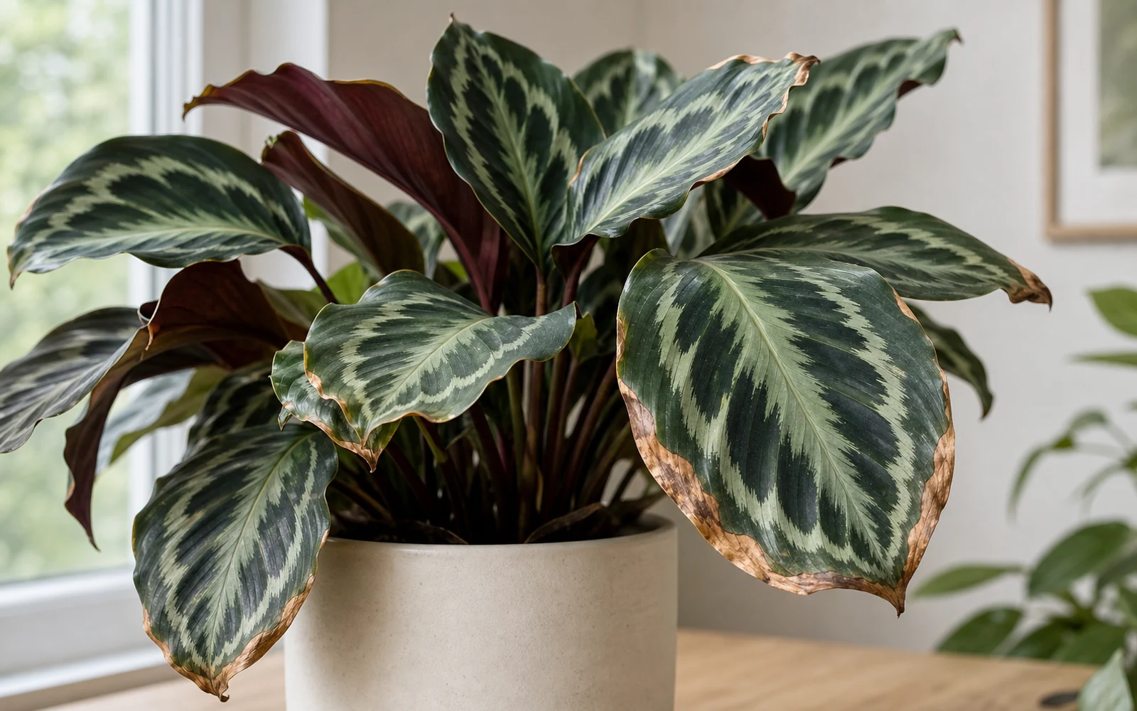 Dry brown edges on patterned Calathea leaves with burgundy undersides