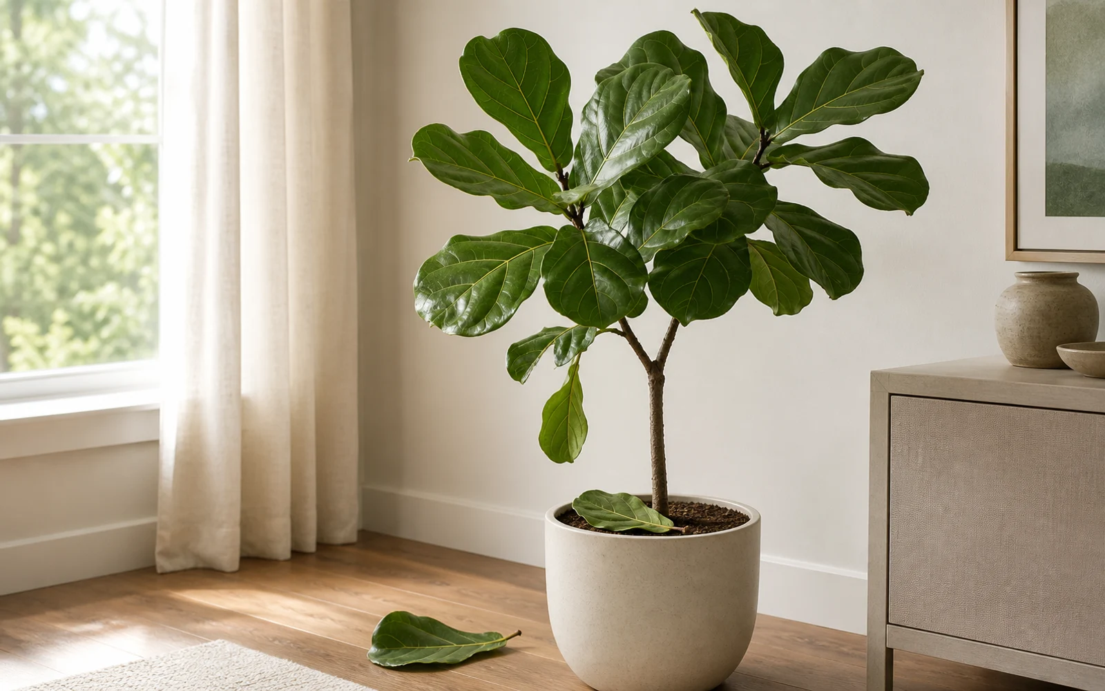 Fallen leaves beside an indoor fiddle-leaf fig with healthy upper foliage