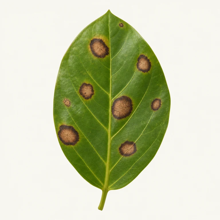 Green houseplant leaf with several dark brown circular spots