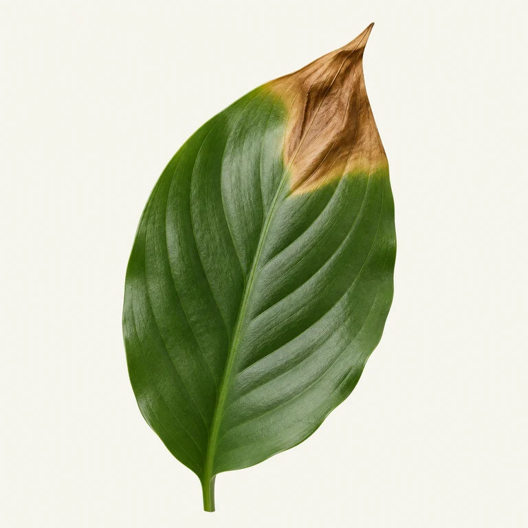 Green houseplant leaf with a dry brown tip