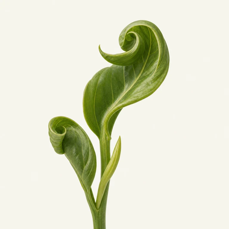 Fresh green houseplant leaves curled into tight spirals