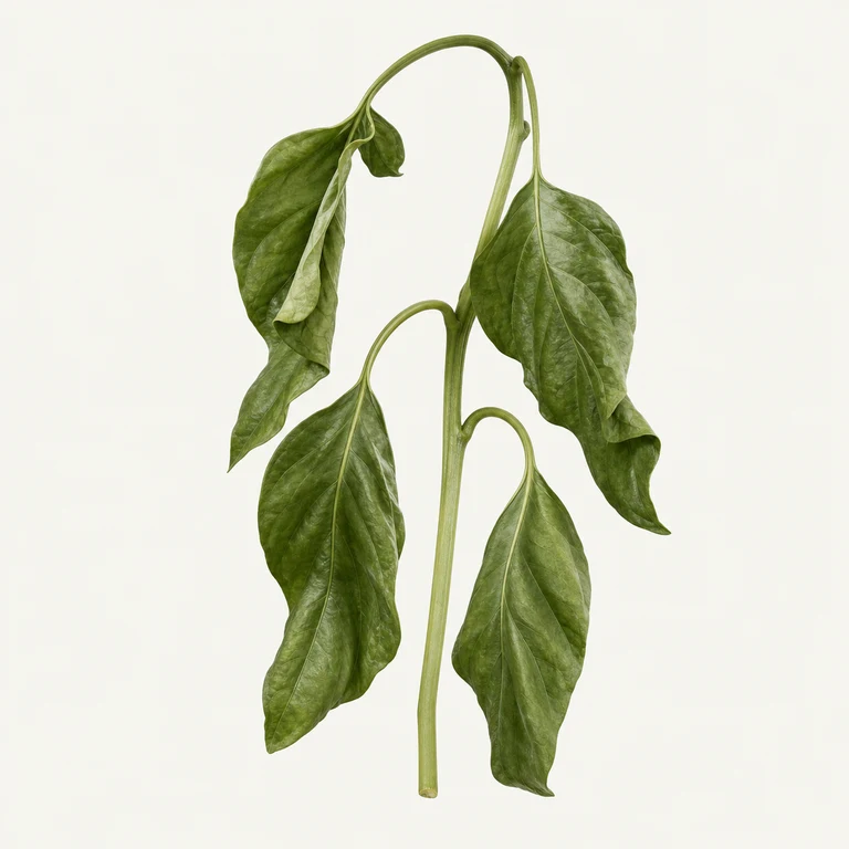 Wilted green houseplant leaves hanging from a short stem