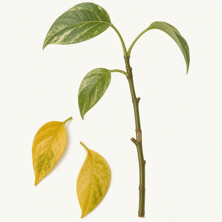 Sparse houseplant twig with yellow leaves dropping from bare nodes