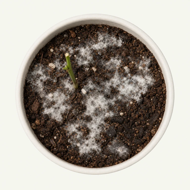 Dark potting soil with irregular patches of white surface mold