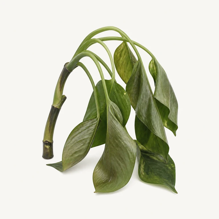 Collapsed houseplant with a bent stem and limp green leaves