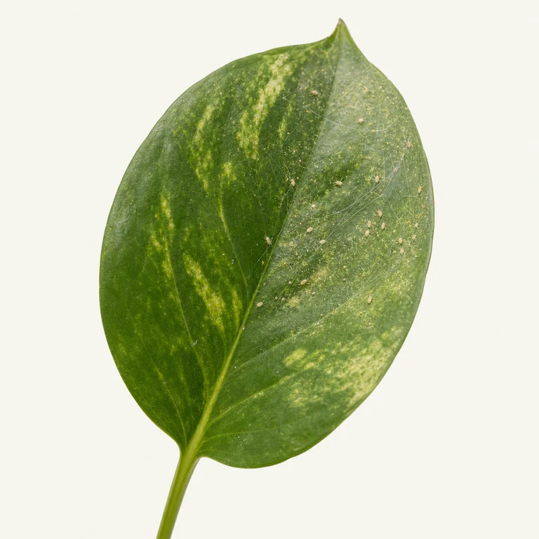 Green leaf with tiny pests, stippling, and fine webbing