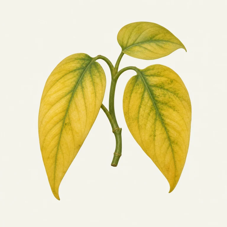 Houseplant leaves with pronounced golden-yellow chlorosis