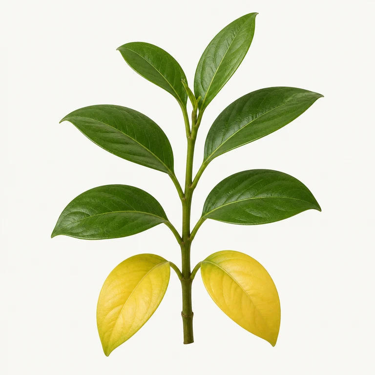 Upright houseplant with yellow lower leaves and green upper growth